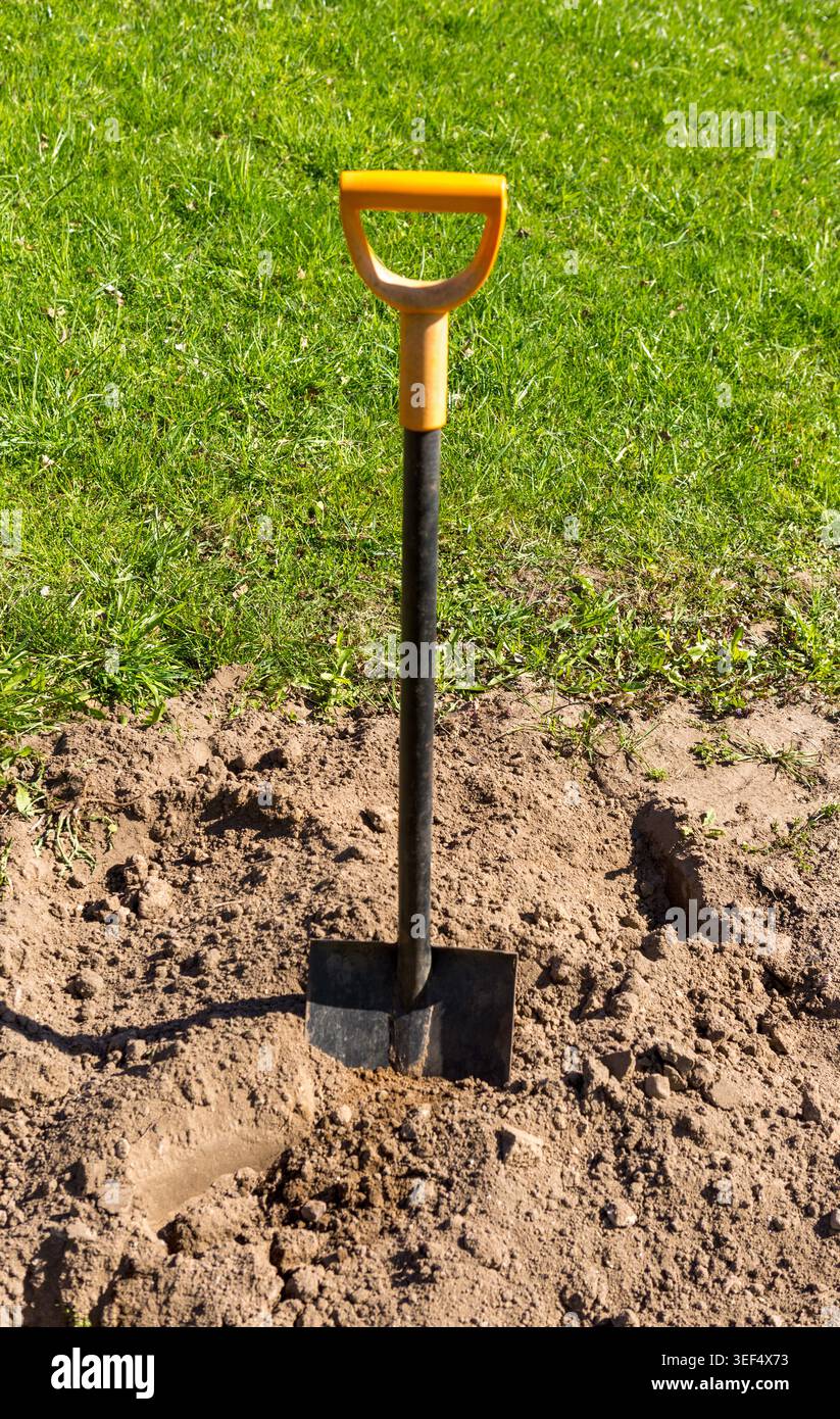 Schaufel im Boden. Schaufel graben im Garten. Nahaufnahme. Stockfoto