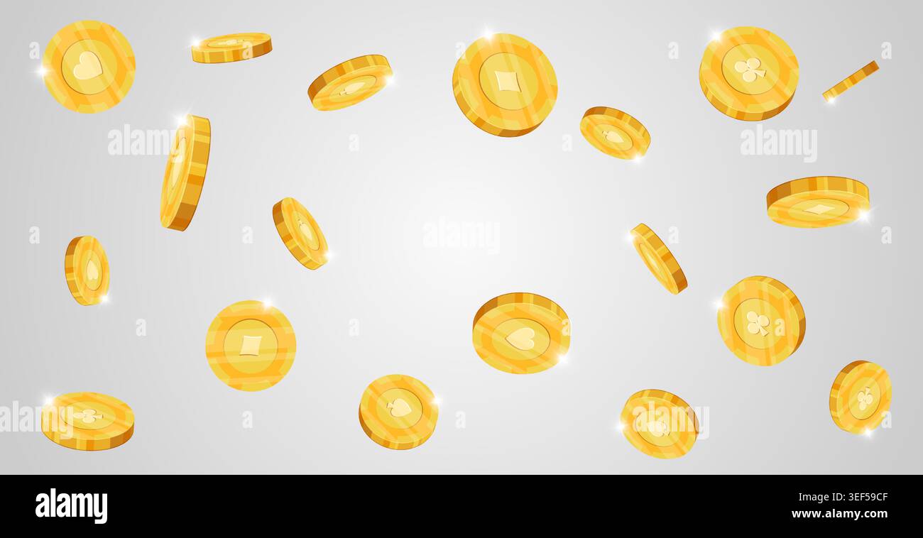 Goldene VIP-Poker-Chips. 3D-Casino-Münzen aus schwarzem Gold, die Online-Glücksspiel-Hintergrund fliegen. Clubs Diamonds Hearts Pikes luxuriöse Ikonen isoliert realistisches transparentes Set. Vegas Blackjack Roulette ui. Stock Vektor