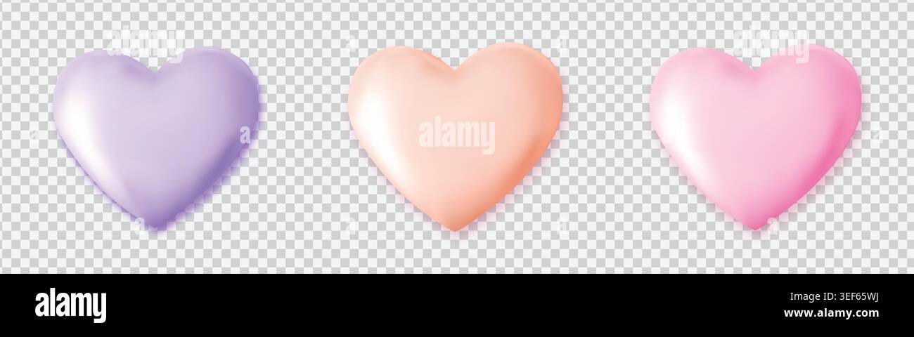 3D-Set mit Herzen in glänzenden Pastellfarben und romantischen Symbolen für die Illustration der grafischen Ressourcen zum valentinstag Stock Vektor