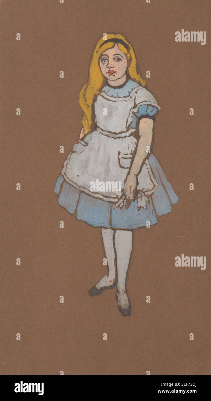 Historisches Illustrationskunstwerk mit dem Titel Alice (Kostümdesign für Alice-in-Wonderland) von William Penhallow Henderson, erstellt 1915. Theaterkostüm mit Alice in einem klassischen blauen Kleid mit weißer Schürze und blondem Haar für eine Bühnenadaption von Lewis Carrolls Fantasy-Geschichte. Stockfoto