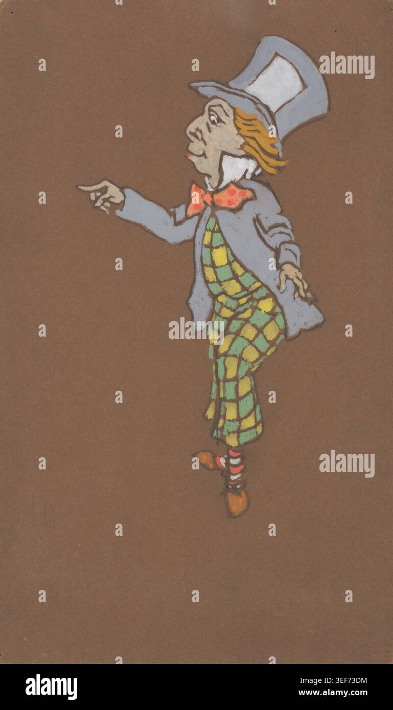Historisches Illustrationskunstwerk des Kostümentwurfs von Mad Hatter für Alice-in-Wonderland von William Penhallow Henderson, das 1915 erstellt wurde. Stilvolles Theaterdesign mit dem skurrilen Mad Hatter in farbenfrohen gemustertem Kostüm und einem übergroßen Hut, der von Lewis Carrolls klassischer Fantasy-Geschichte inspiriert ist. Stockfoto