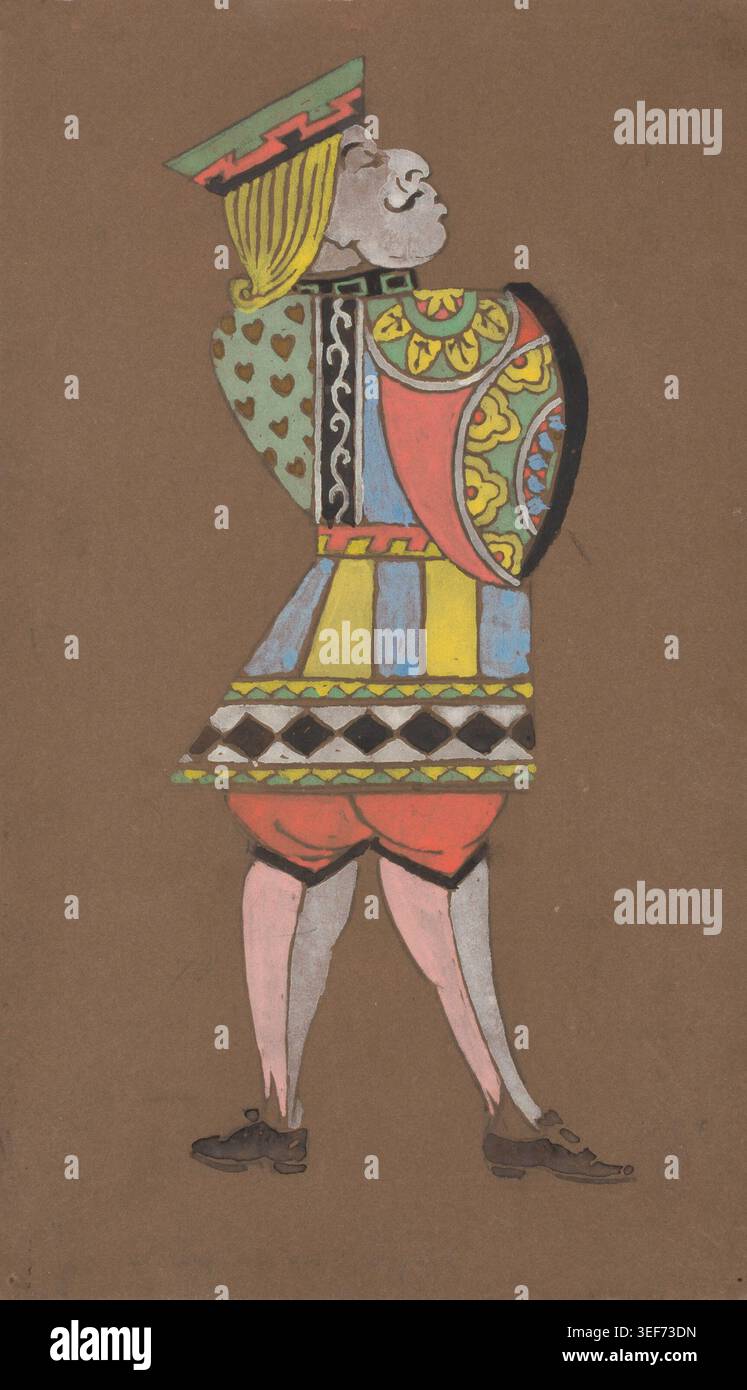 Historisches Illustrationskunstwerk des Knave of Hearts Kostümentwurfs für Alice-in-Wonderland von William Penhallow Henderson. Stilisierte Darstellung der Figuren mit dem Knave of Hearts in farbenfrohen geometrischen Kostümen, inspiriert von Lewis Carrolls Fantasy-Klassiker und Bühnenproduktionsdesign. Stockfoto