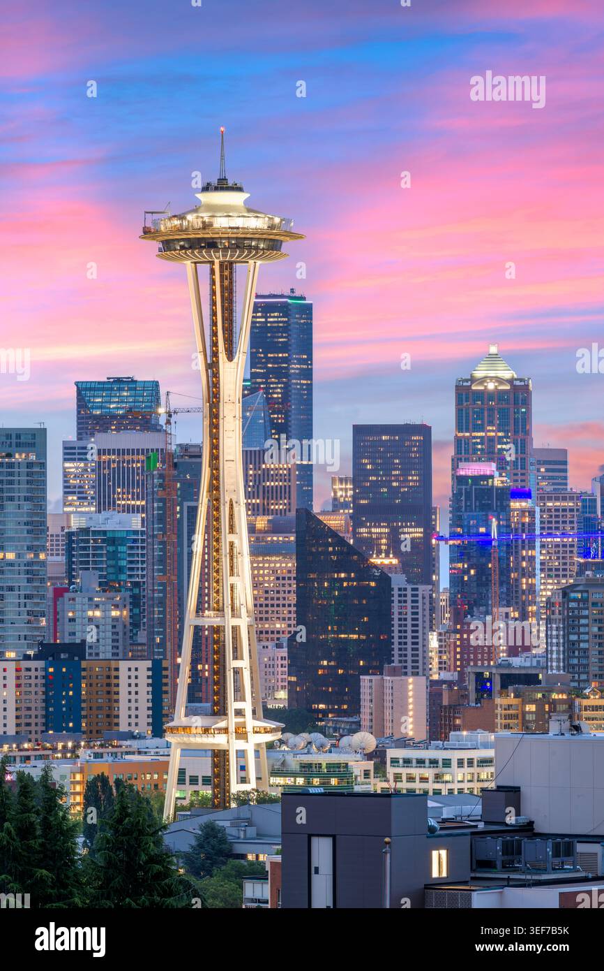 Seattle, Washington, USA Downtown Skyline der Stadt in der Dämmerung. Stockfoto