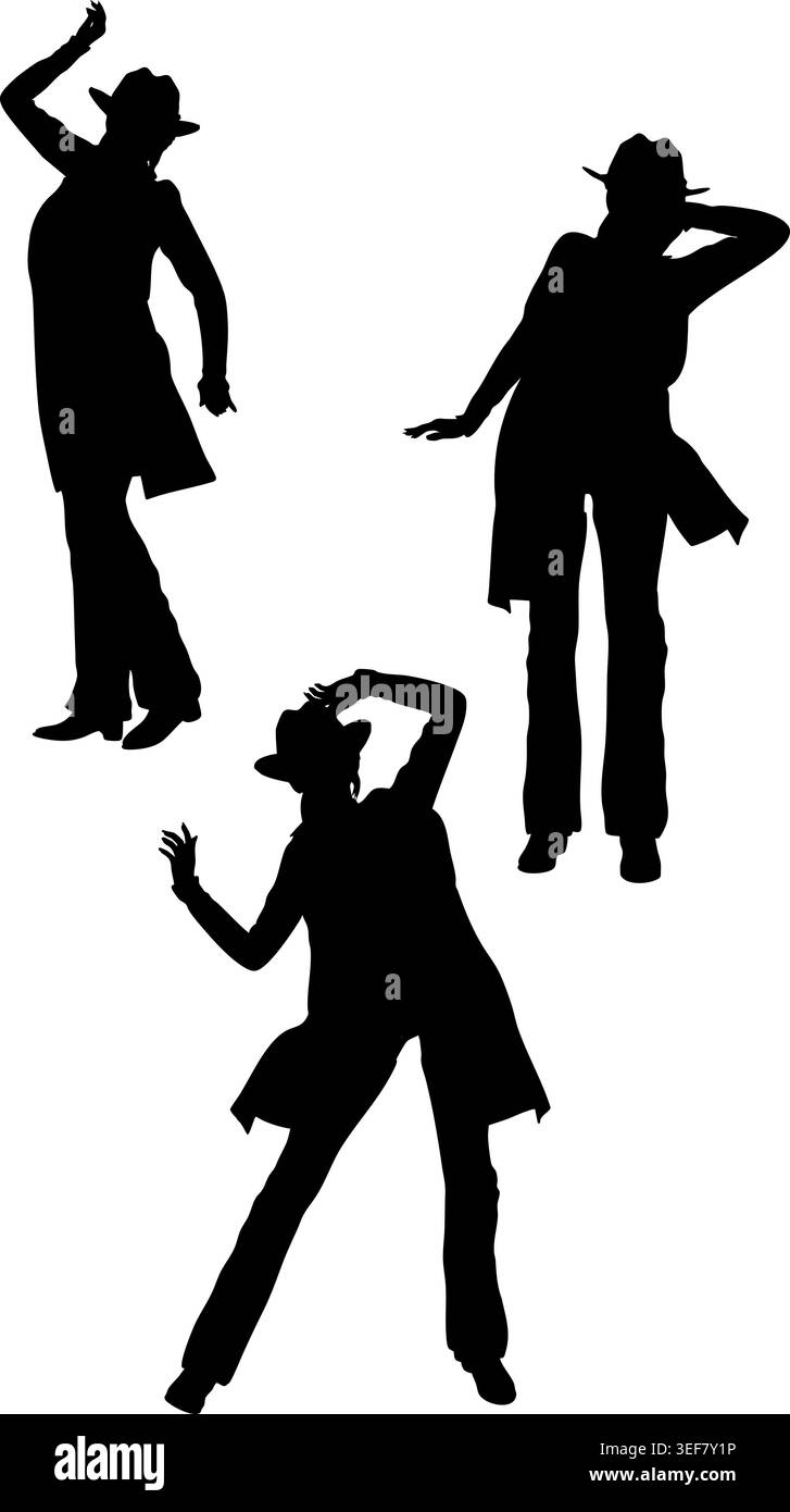 Auffällige schwarze Silhouette einer Frau mit Cowboyhut und Lederoutfit, auffällige Pose. Perfekt für Grafikdesign, Branding oder minimalistische Kunstprojekte. Stock Vektor