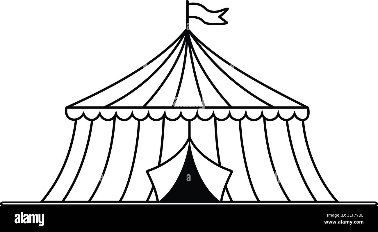 Klare schwarz-weiße Linienzeichnung eines klassischen Zirkuszelt mit großer Spitze mit einer Gipfelfahne und offenem Eingang. Ideal für Vintage-Event-Design, Illustrat Stock Vektor