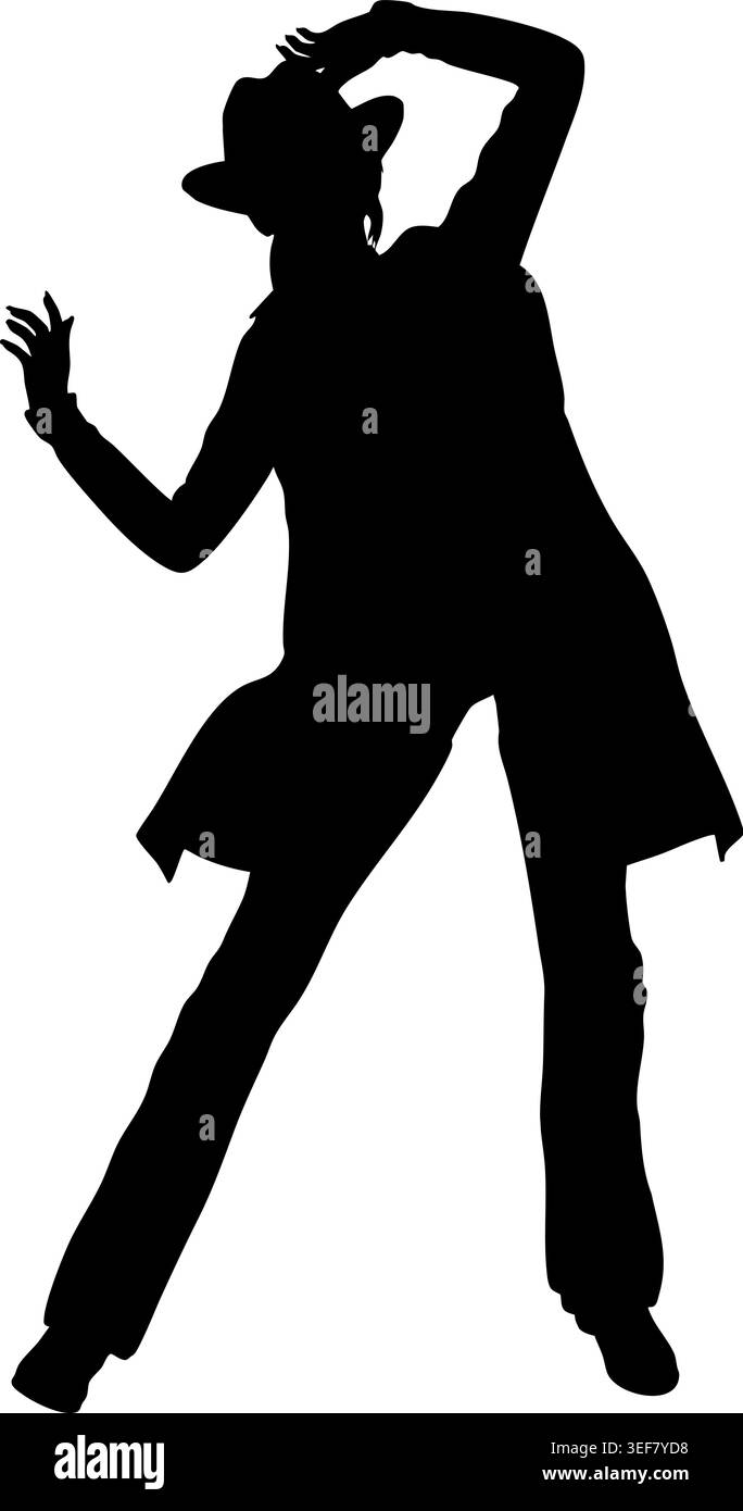 Auffällige schwarze Silhouette einer Frau mit Cowboyhut und Lederoutfit, auffällige Pose. Perfekt für Grafikdesign, Branding oder minimalistische Kunstprojekte. Stock Vektor
