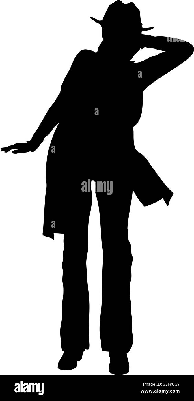 Auffällige schwarze Silhouette einer Frau mit Cowboyhut und Lederoutfit, auffällige Pose. Perfekt für Grafikdesign, Branding oder minimalistische Kunstprojekte. Stock Vektor