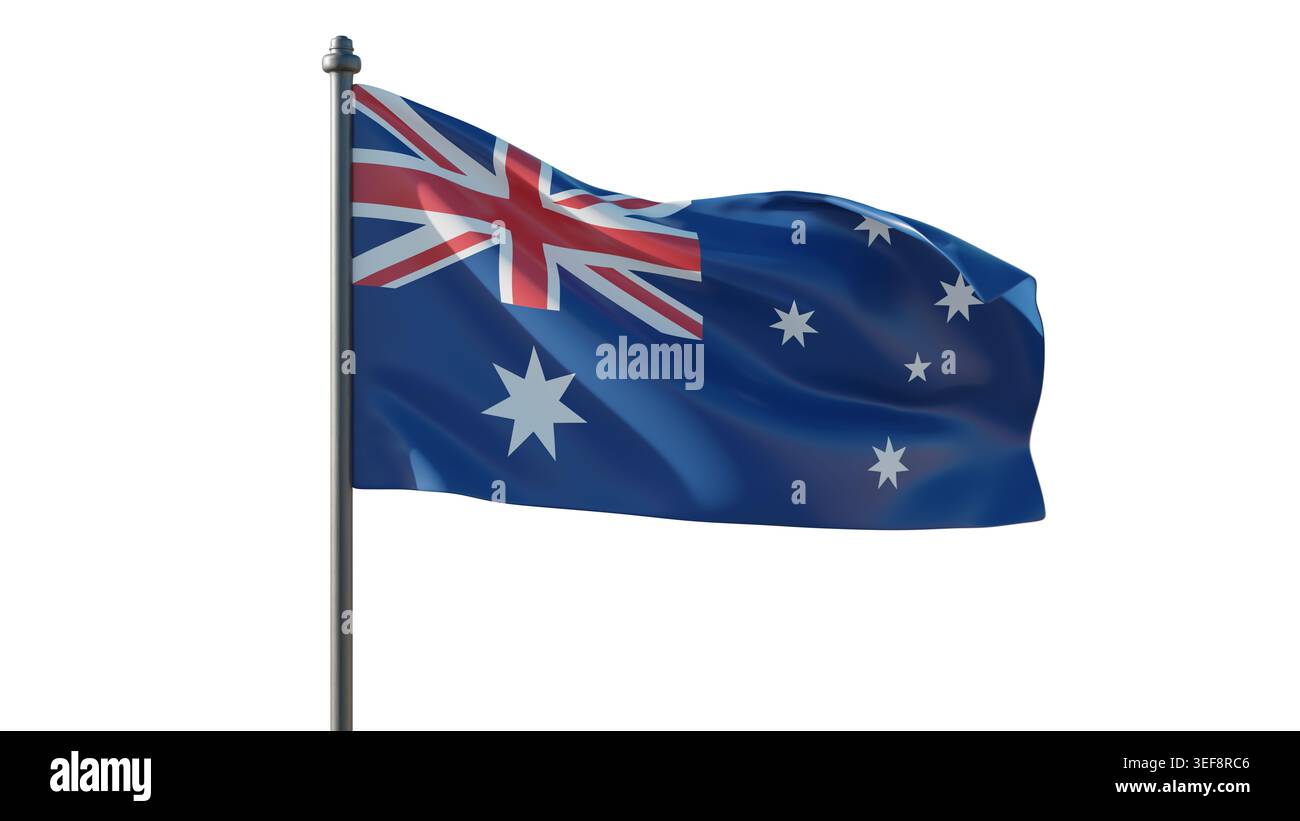 Australische Flagge isoliert auf weiß, australisches Zeichen auf einem Fahnenmast schwenkend, Nationalfeiertag, 3D-Rendering Stockfoto