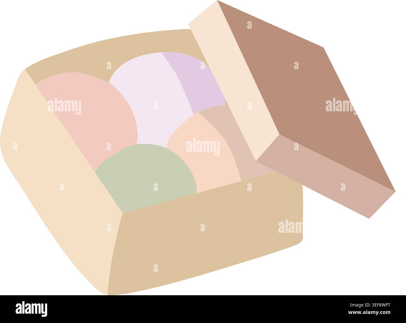 Einfache Illustration einer offenen Schachtel mit pastellfarbenen Süßigkeiten und einem erhöhten Deckel. Stock Vektor