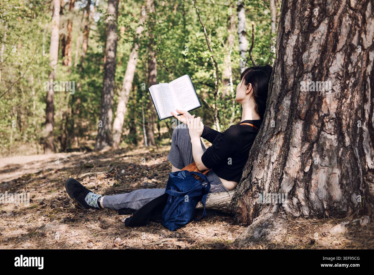 Die Person lehnt sich an den Baumstamm, während sie im sonnigen Wald Buch liest. Digitales Entgiftungskonzept, getrenntes Leben, Offline-Aktivität, langsame Lebensbewegung Stockfoto