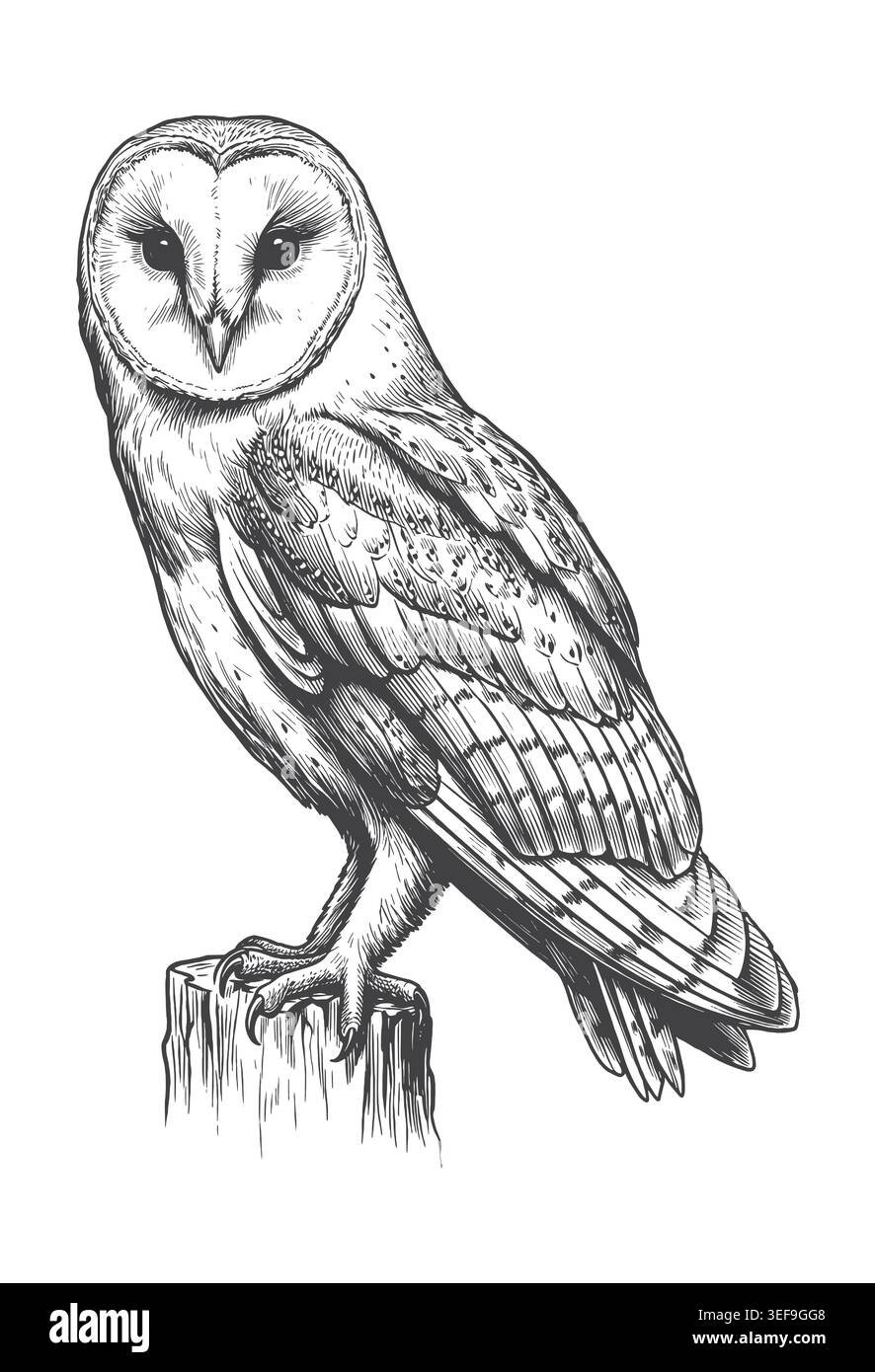 Schöne handgezeichnete Scheuneneule Illustration in einem antiken Gravurstil. Ideal für Naturbekleidung, Poster für Wildtiere und rustikale Grafiken Stock Vektor