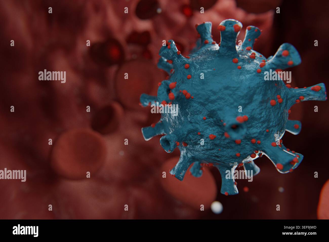 3D-medizinische Darstellung eines blauen Viruspartikels mit roten Oberflächenproteinen im Blutkreislauf. Ideal für Gesundheitswesen, Wissenschaft und Infektio Stockfoto