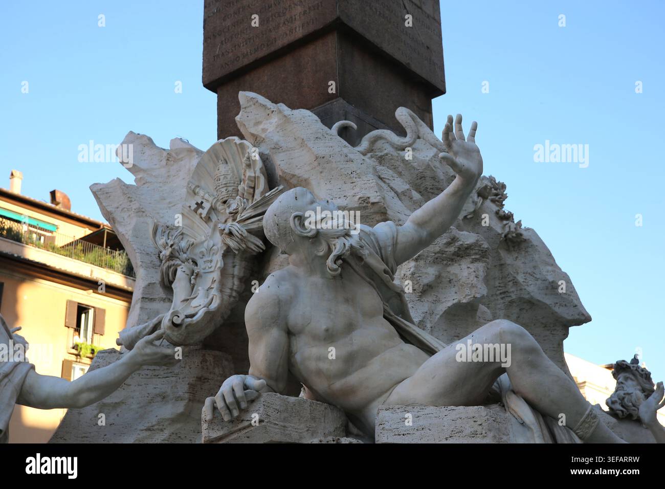 Fontana die Quattro Fiumi. Piazza Navona. Gott des Ganges von Gian Lorenzo Bernini, 1651. Rom. Italien. Stockfoto