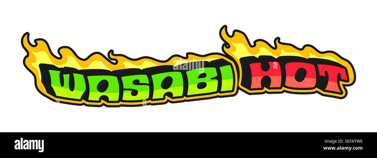 Aufkleber oder Pflaster für japanische Speisen, Sushi, Wasabi, Vintage Y2K. Asiatisches Menü Gericht Y2K Tag, japanische Sushi Meeresfrüchte Delikatesse 60er 70er Jahre Vektor Etikett. Aufkleber für japanische Gerichte mit Retro-Typografie brennenden Buchstaben Stock Vektor