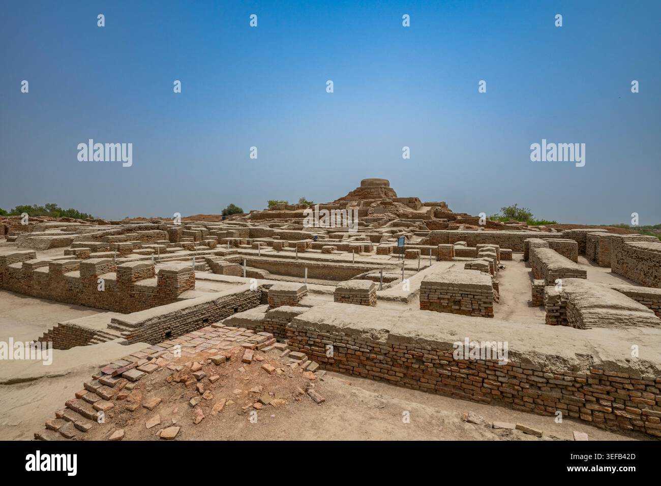Erkunden Sie die antiken Ruinen von Moenjodaro, einer UNESCO-Stätte in Pakistan mit gut erhaltenen Strukturen und archäologischer Bedeutung Stockfoto
