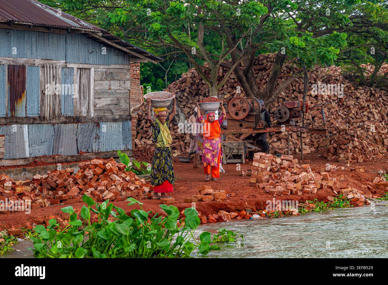 Arbeiter transportieren tagsüber Ziegelsteine in Barishal, Bangladesch, in der Nähe einer Fabrik entlang von Wasserkanälen Stockfoto