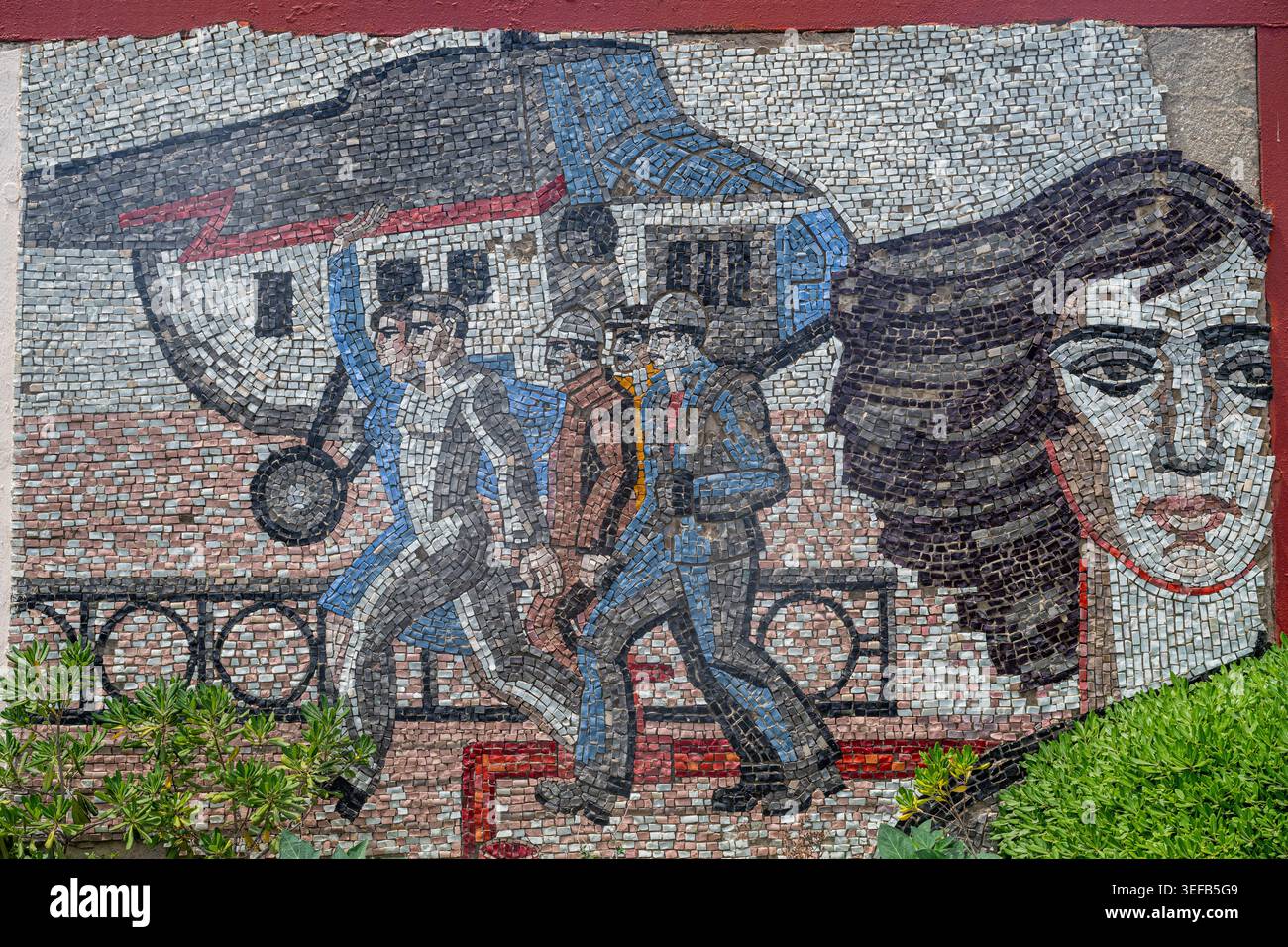 Wandbild mit Arbeitern in der Ölstadt Neft mit Hubschrauber und Ölszene in Aserbaidschan Stockfoto