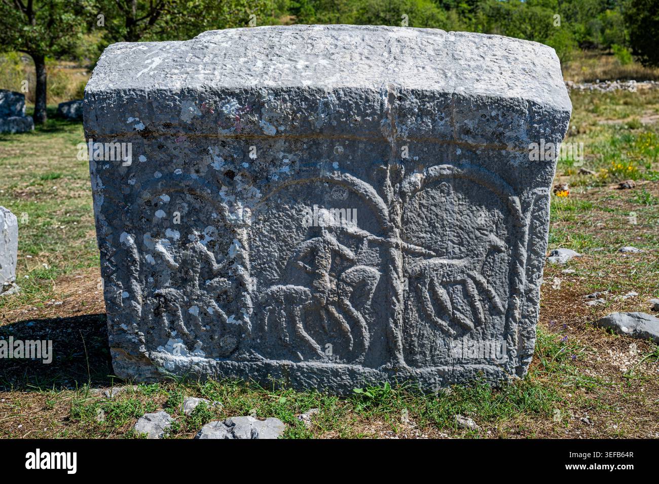 Mittelalterlicher Grabstein mit Schnitzereien, die in Stecci in Kroatien gefunden wurden Stockfoto