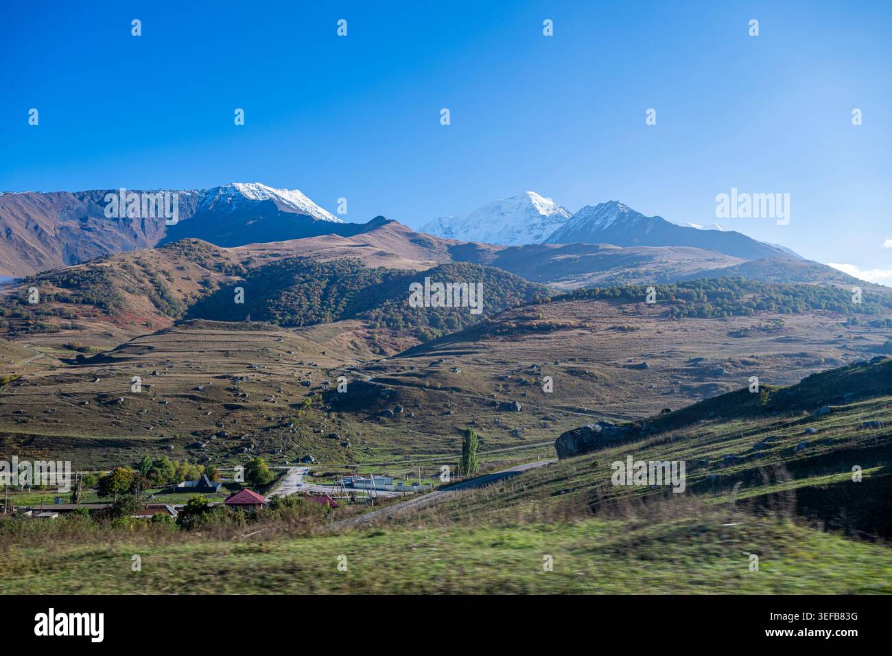 Berge erheben sich über grünen Feldern im Gebiet von Werschni Fiagdon in Nordossetien, Russland Stockfoto