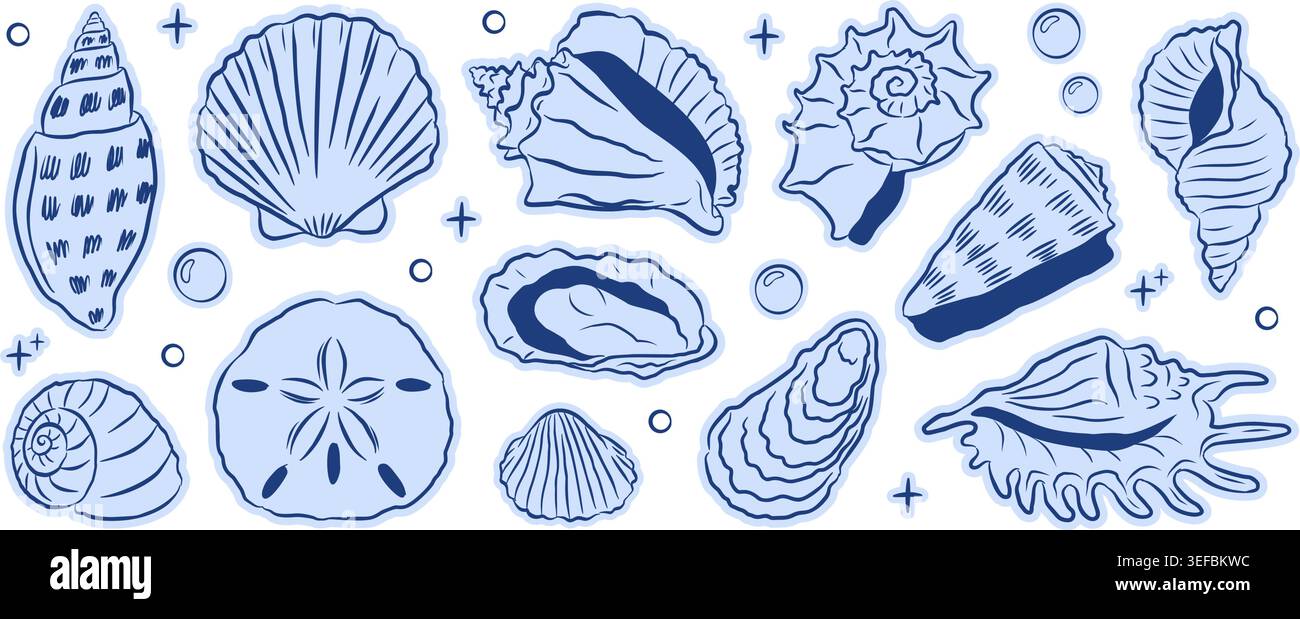 Set mit stilisierten Muscheln im blauen Stil. Handgezeichnete mediterrane Muscheln, Blasen und Funkeln, ideal für Küstenbranding, Meeresbrand Stock Vektor
