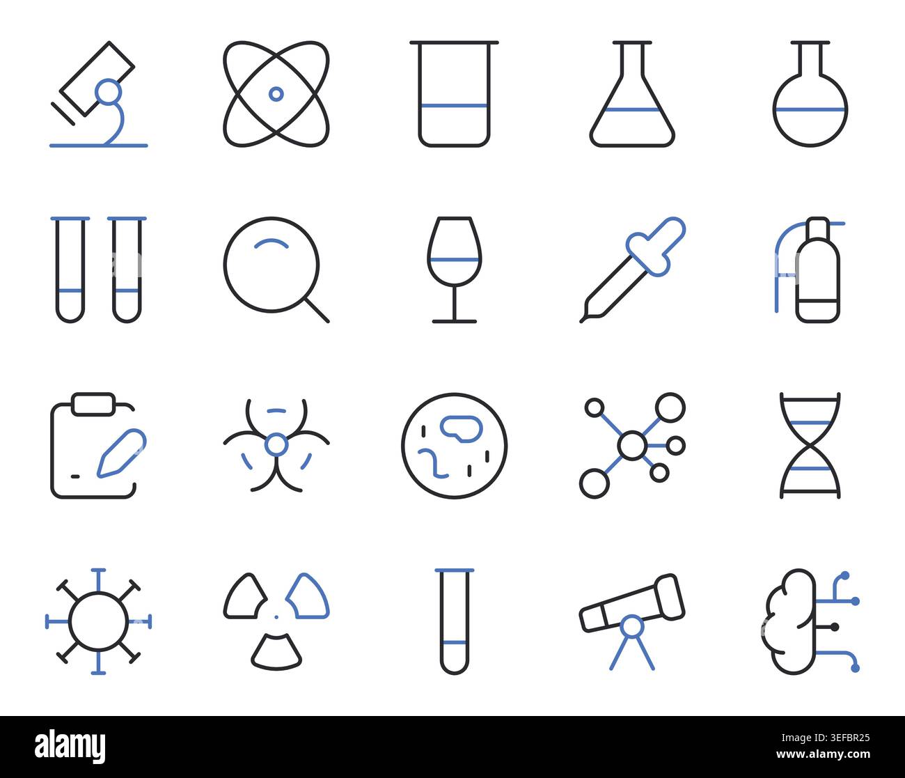 Symbole für wissenschaftliche Labore setzen editierbare Konturlinien-Vektorillustration. Stock Vektor
