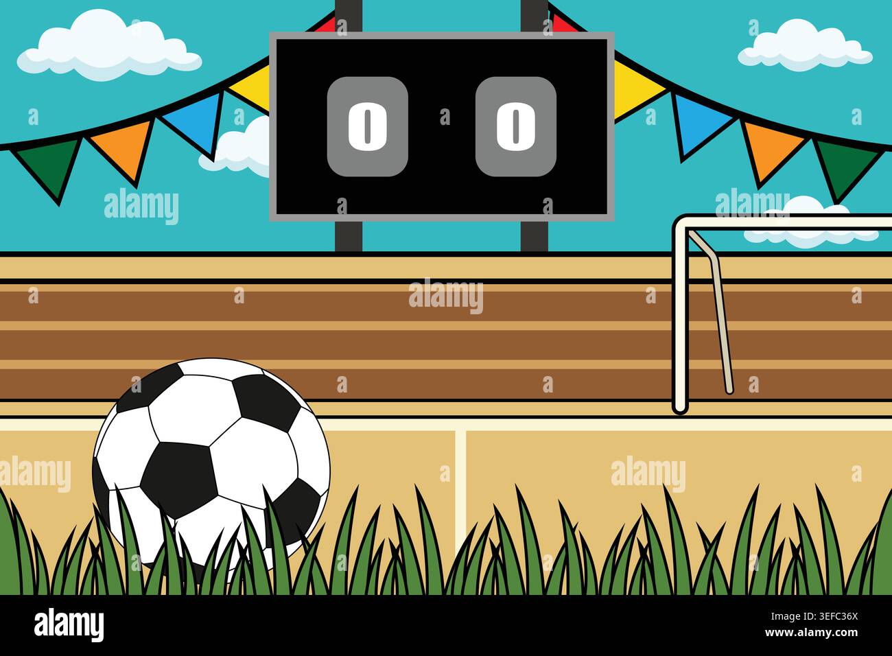 Ein Comic-Fußball auf einem Spielfeld mit einer Anzeigetafel und einem Tor Stock Vektor