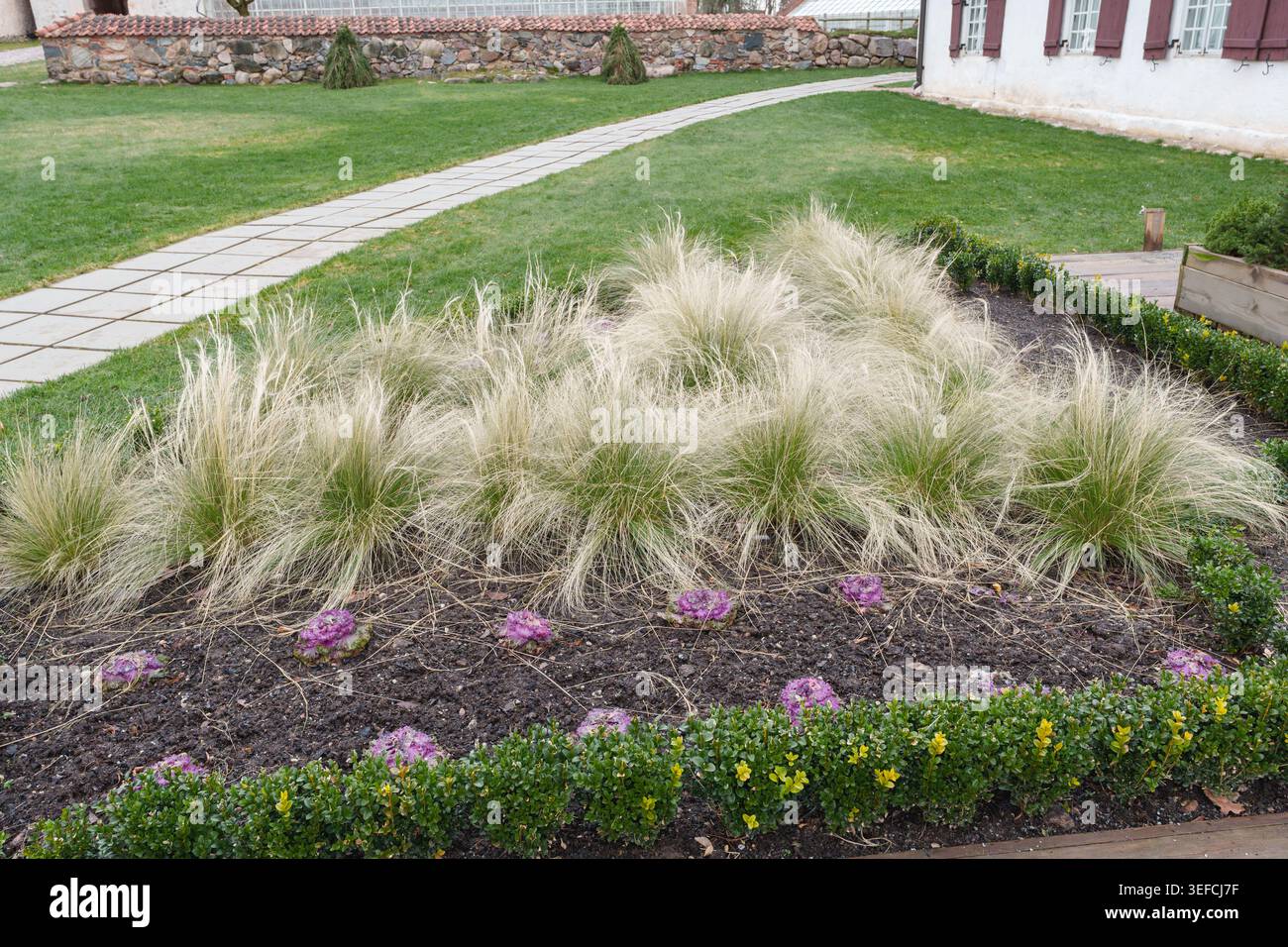 Nurmuiza Manor Garden mit Ziergräsern und Steinpfad Stockfoto