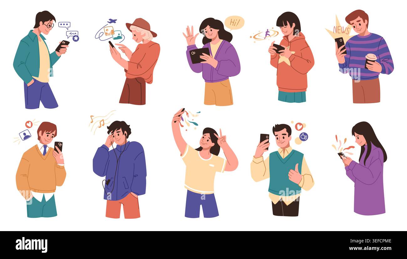 Menschen nutzen Mobiltelefone. Glückliche Studentin in sozialen Medien, Freundin mit Handy. Frau, die digitale Online-Nachrichten sendet, Mann mit Smartphone. Vektor-Cartoon flache Art isolierte Illustration Stock Vektor