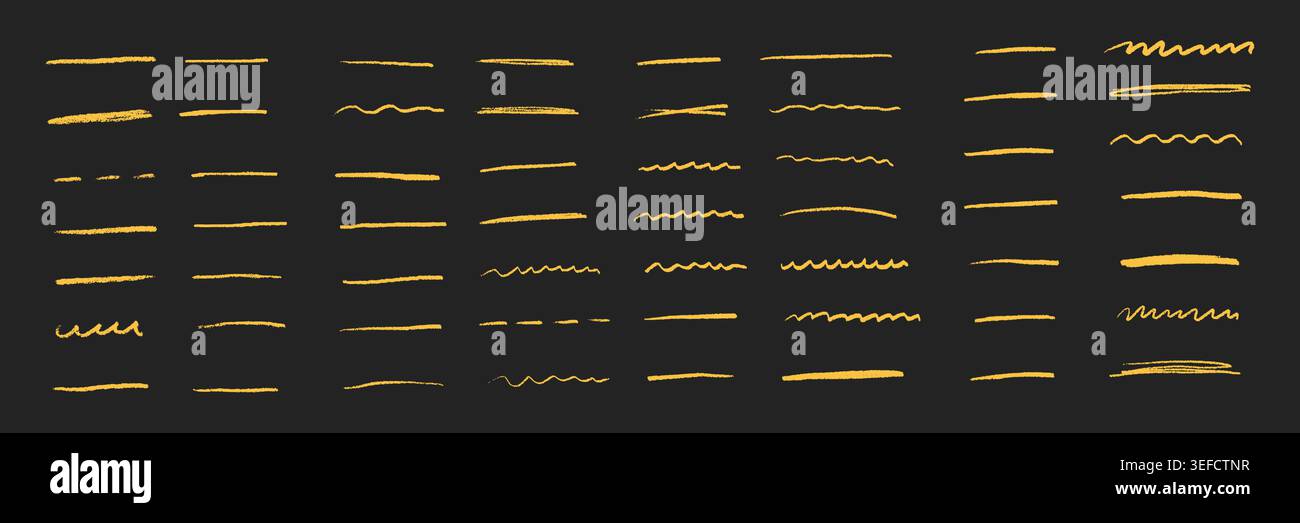 Gelbe handgezeichnete Linien, Bleistift-, Buntstift- und Pinselstriche auf schwarzem Hintergrund. Kreative Skizzenelemente, künstlerische Textur für Design, Markierungen, Kritzeleien, Notizen und Dekoration. Vektorgrafik Stock Vektor
