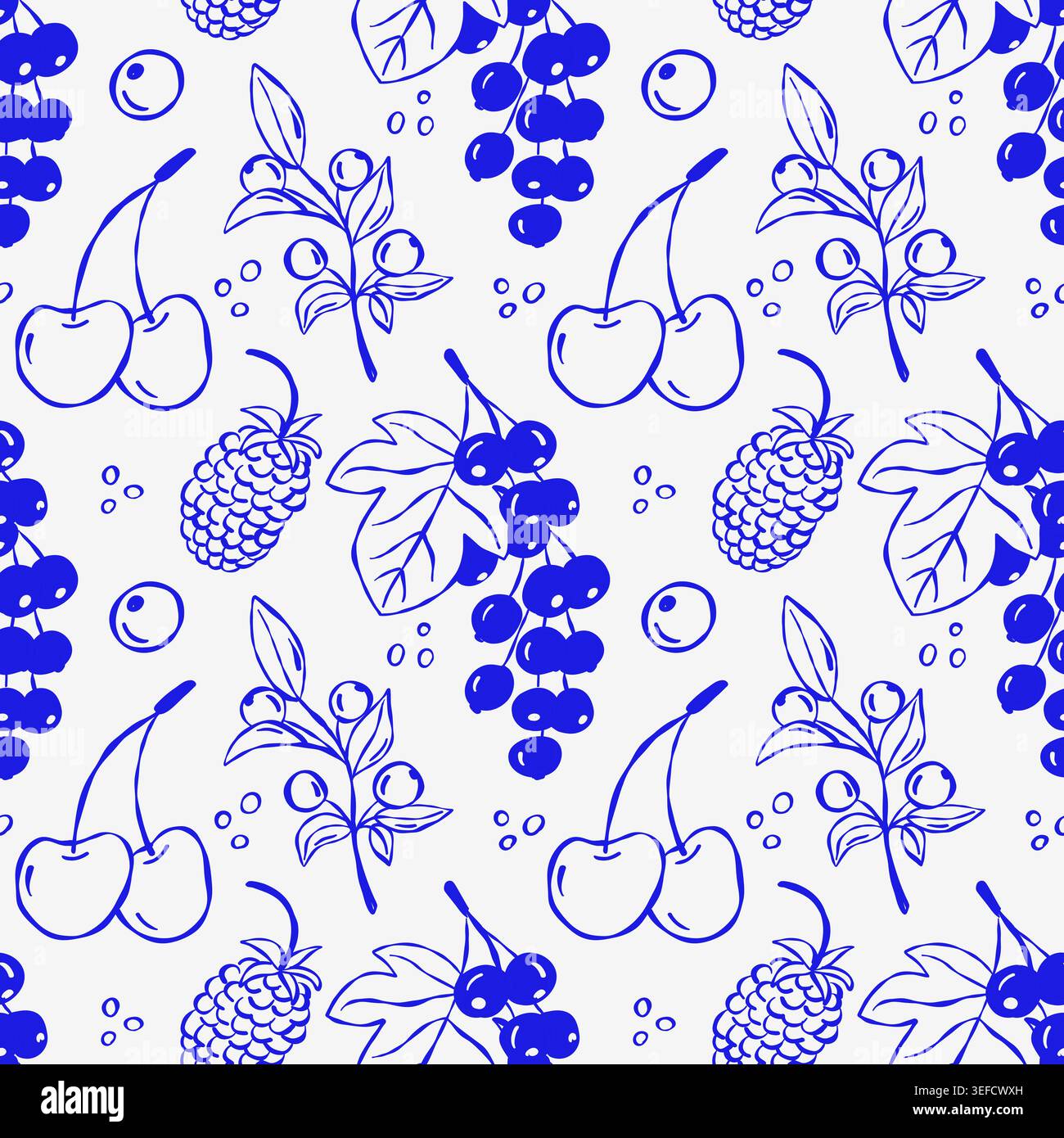 Handgezeichnetes Beerenmuster in blauer Tinte mit Kirschen, Himbeeren, Maulbeeren, Johannisbeeren Stock Vektor