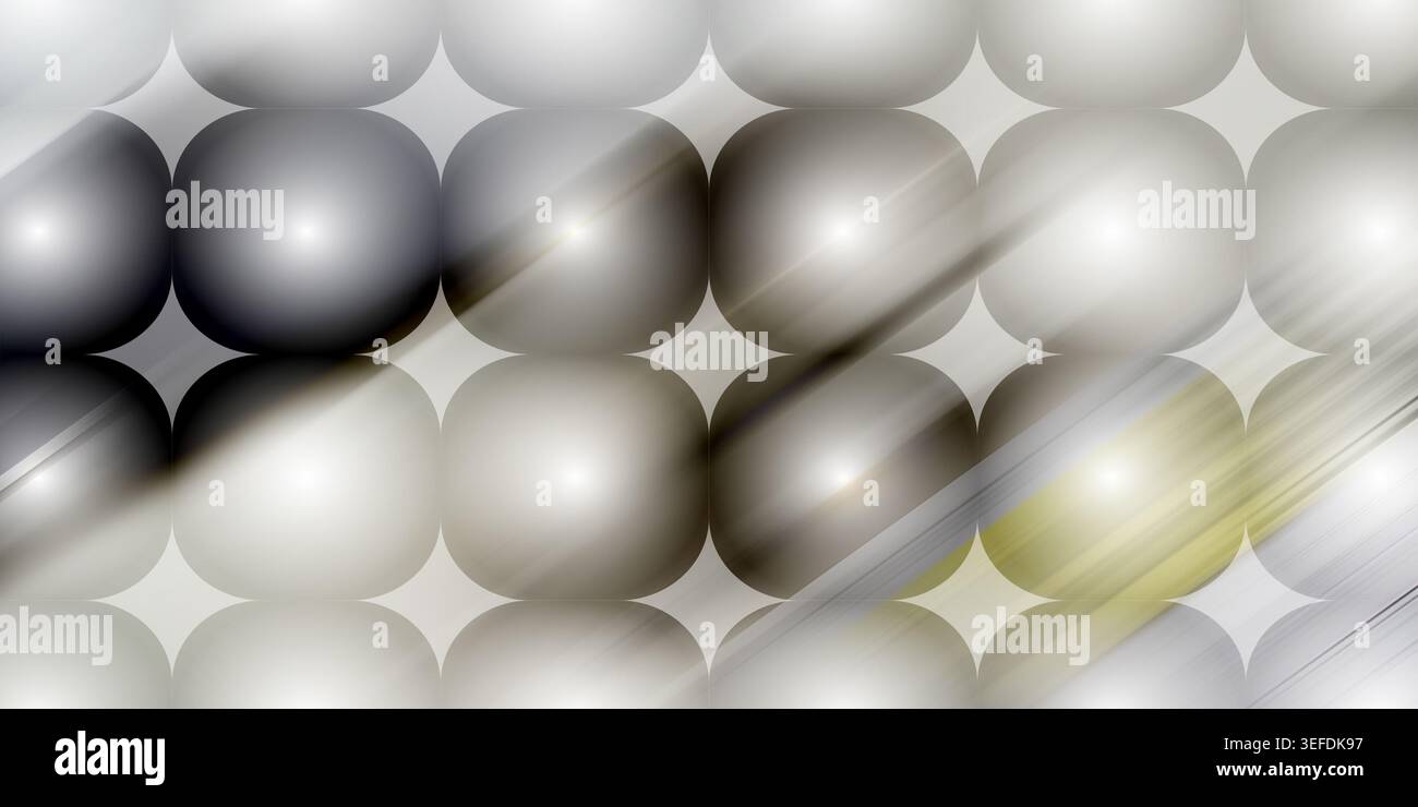 Eine abstrakte Komposition mit einem Gitter aus metallischen Kugeln in Grau- und Goldtönen, verstärkt durch diagonale Lichtstreifen und weiche Fokussierung. Stockfoto