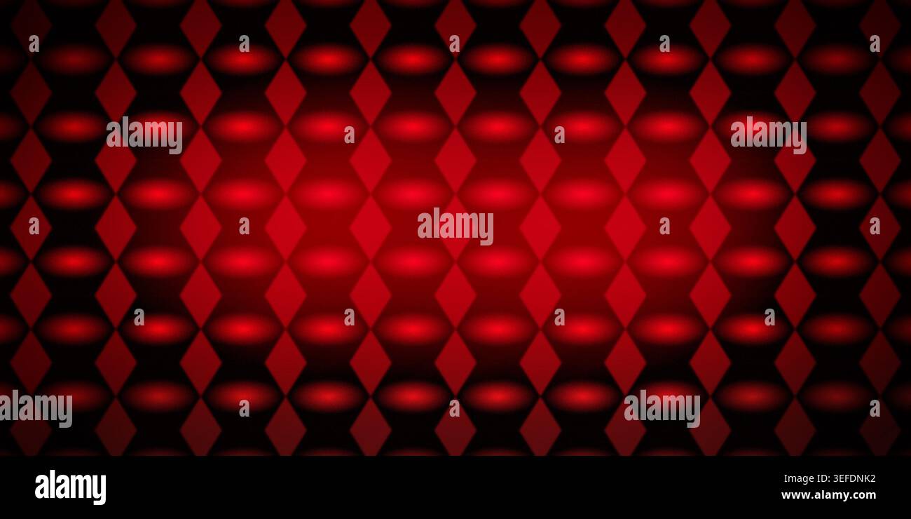 Ein digitaler abstrakter Hintergrund mit einem sich wiederholenden Rautenrastermuster in Rot- und Schwarztönen mit dunklem Vignetteneffekt. Stockfoto