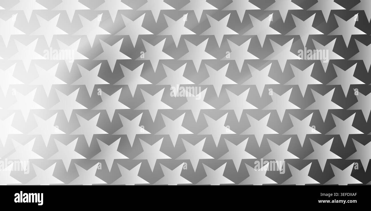 Ein sich wiederholendes, nahtloses Muster mit weißen, fünfzackigen Sternen, die in einem Rasterlayout vor einem glatten, weichen grauen Hintergrund angeordnet sind. Stockfoto