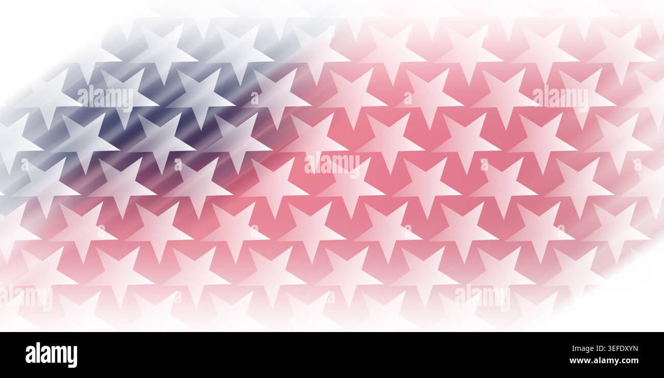 Ein sich wiederholendes Sternmuster, das ein weiches, verschwommenes amerikanisches Flaggenmotiv mit roten, weißen und blauen Farben und einem hellen Streifeneffekt überlagert. Stockfoto