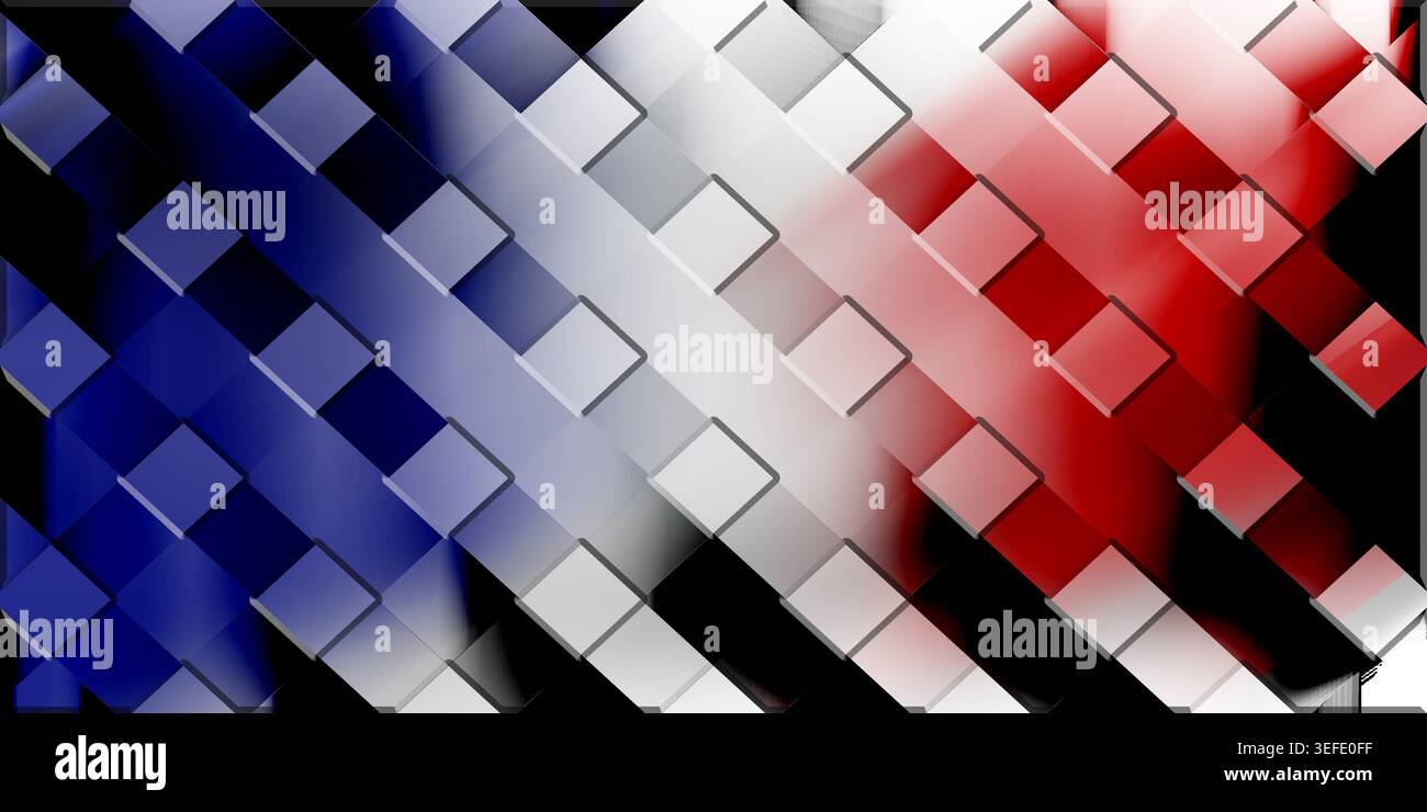 Ein abstrakter Hintergrund mit einem strukturierten Raster aus Quadraten, überlagert auf einer verschwommenen Darstellung der französischen Flagge. Die charakteristischen Blau-, weiß- und Re-Farben Stockfoto