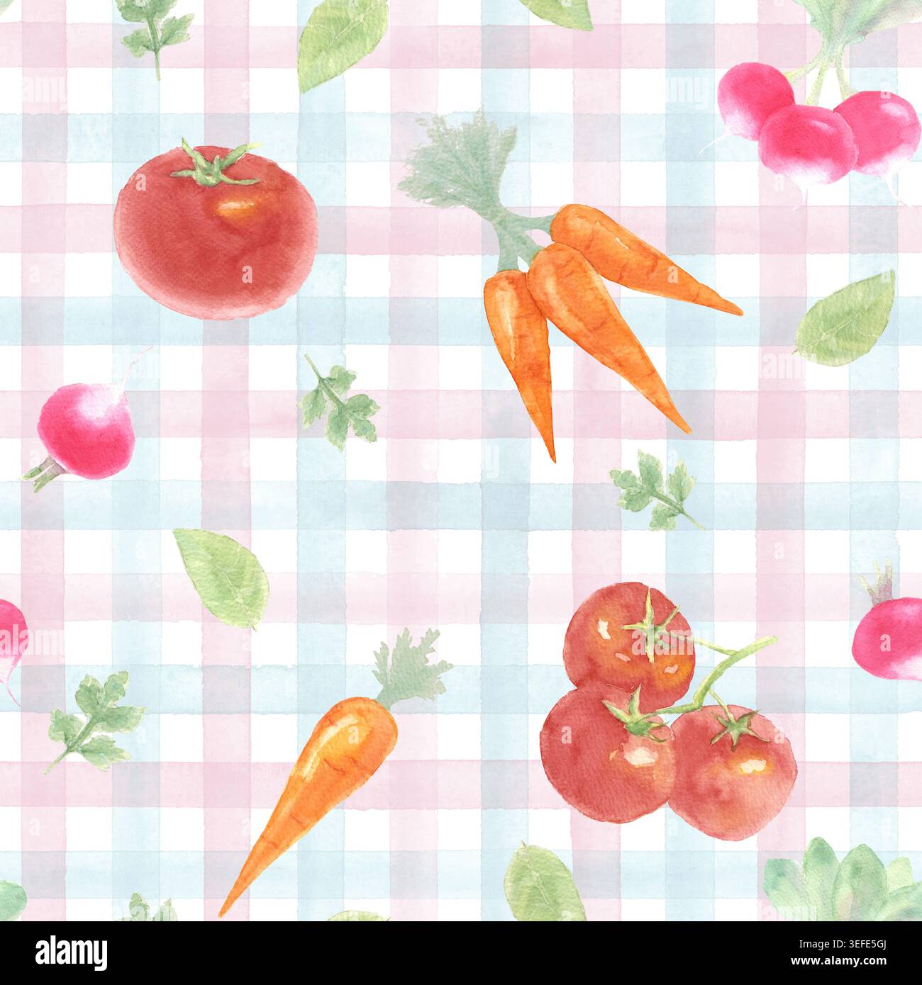 Handgemaltes nahtloses Aquarellmuster mit Tomaten, Karotten, Radieschen und Blättern auf pastellfarbenem Gingham-Hintergrund. Süße Gemüseillustration für fabelhaft Stockfoto