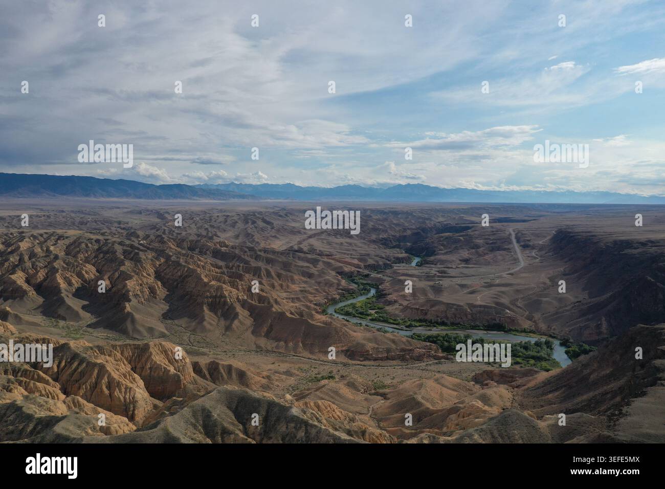 Ein ruhiger Fluss schlängelt sich anmutig über trockenes Canyongelände unter einem weitläufigen wolkenreichen Himmel und zeigt die dauerhafte Kraft und Schönheit der Natur. Stockfoto