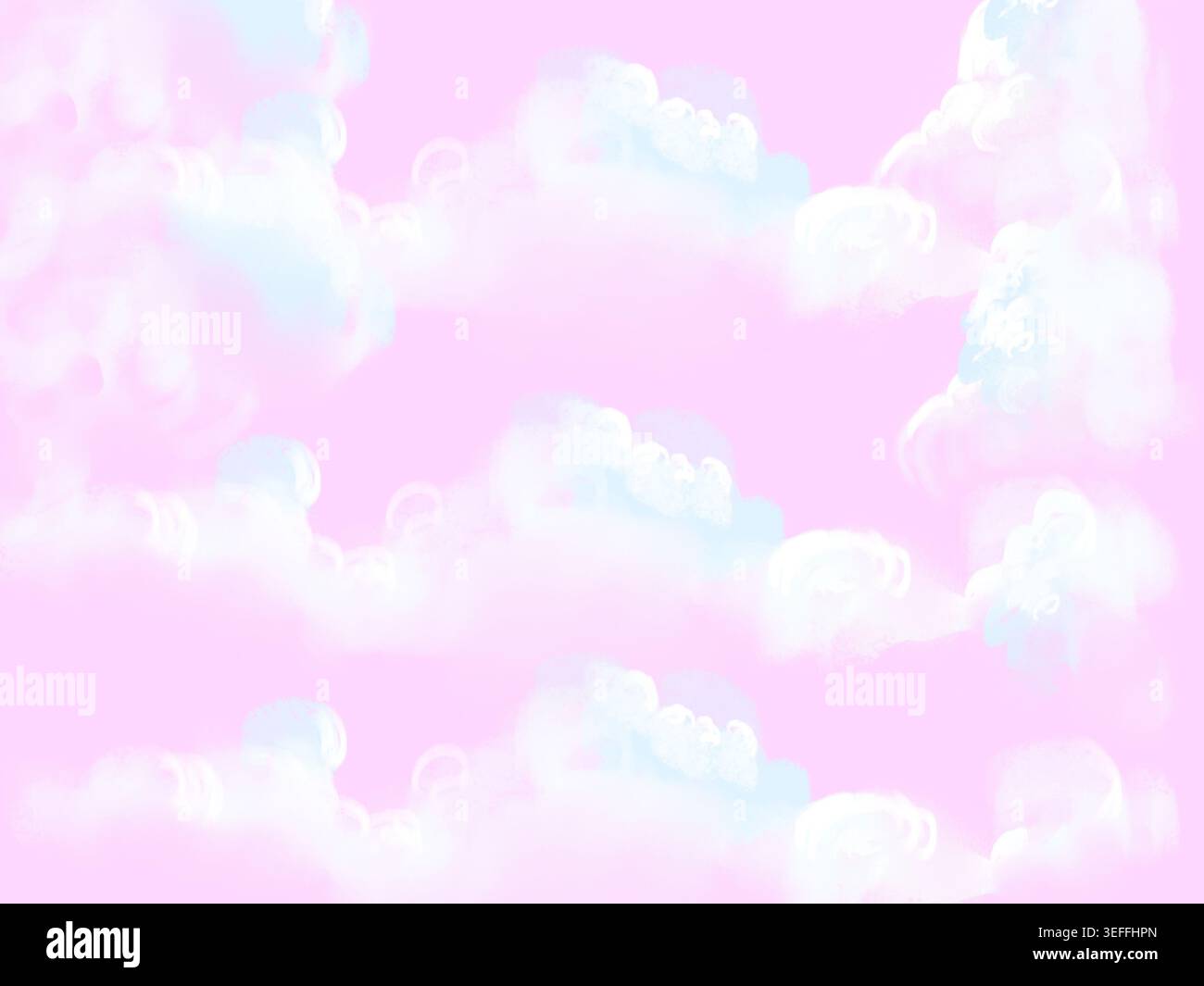Weiche, flauschige Wolken streuen sich über einen pastellrosa Himmel und schaffen ein traumhaftes, beruhigendes Muster. Die Wolken sind hellblau und weiß, mit subtiler Vermischung Stockfoto