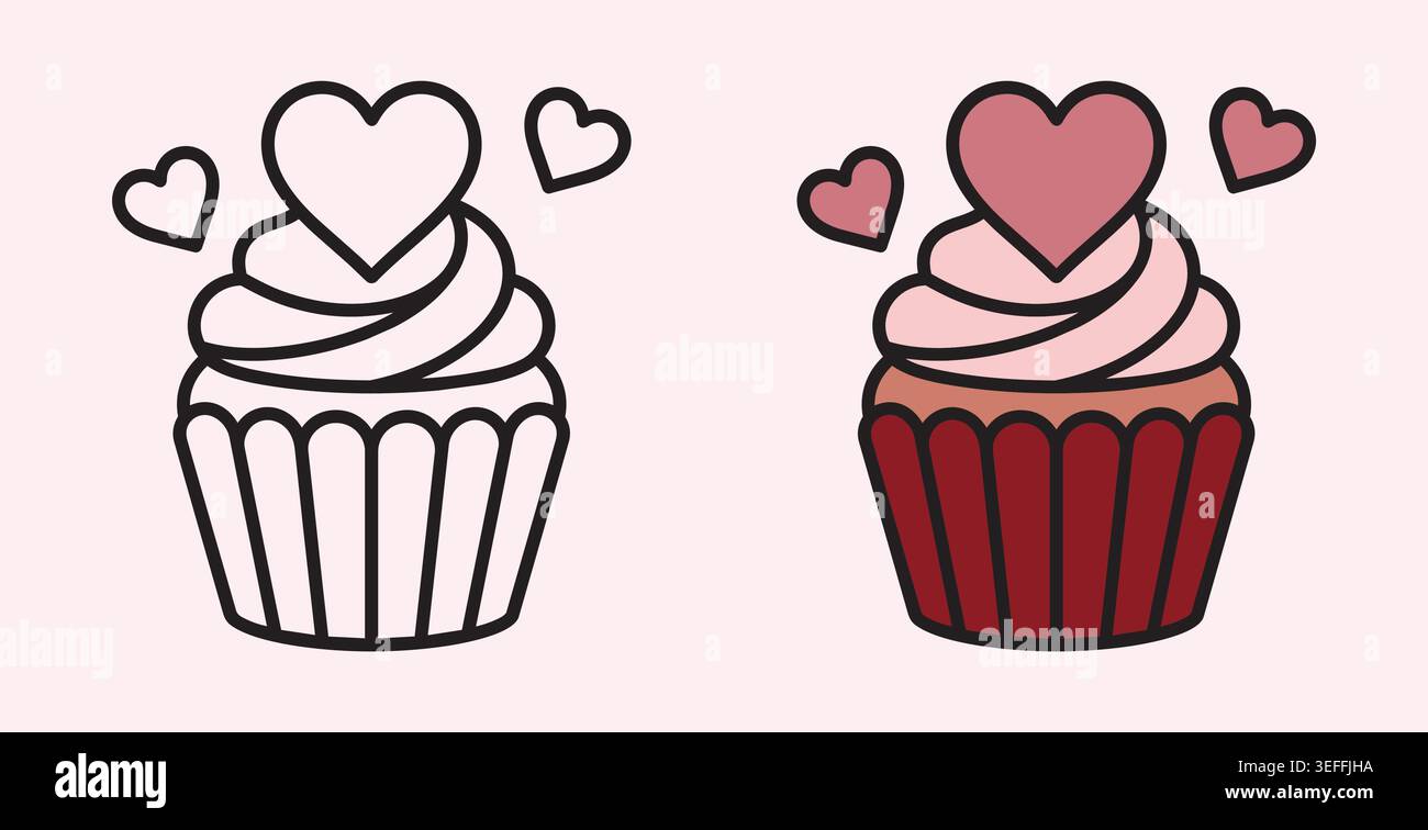 Süßer Cupcake mit Herz Topper Dessert Vektor Illustration Bundle enthält Umrisse und farbige Design grafische Elemente Stock Vektor