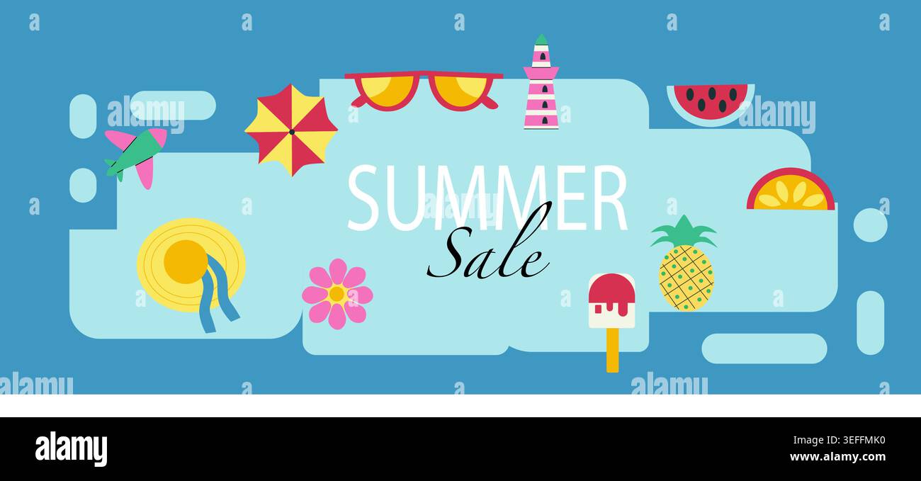 Geometrischer Sommer-Hintergrund im minimalistischen Stil. Buntes Beach Summer Time Konzept zum Verkauf Banner, Poster und anderes Werbedesign. Sommerurlaub, Hintergrund für Strandurlaub. Stock Vektor