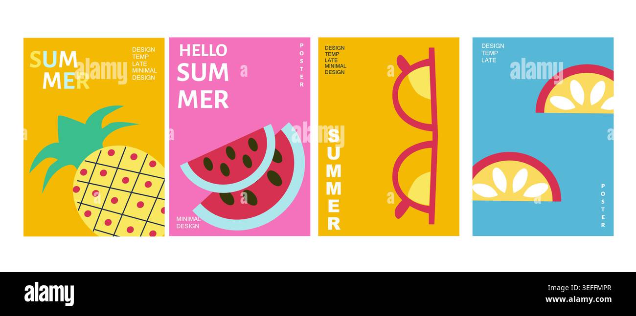 Helles Sommerposter im minimalistischen geometrischen Stil. Typografie Hintergründe für Sommerferien. Urlaubsschutz Set mit tropischen Früchten und Sonnenbrille. Stock Vektor