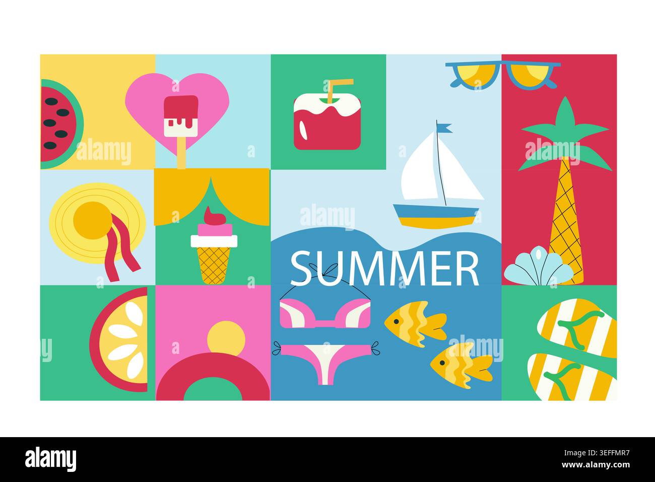 Geometrischer Sommerhintergrund in minimalistischem flachem Stil. Farbenfrohes Sommerzeitkonzept für Werbebanner, Poster und anderes Werbedesign. Sommerurlaub, Hintergrund für Strandurlaub. Stock Vektor