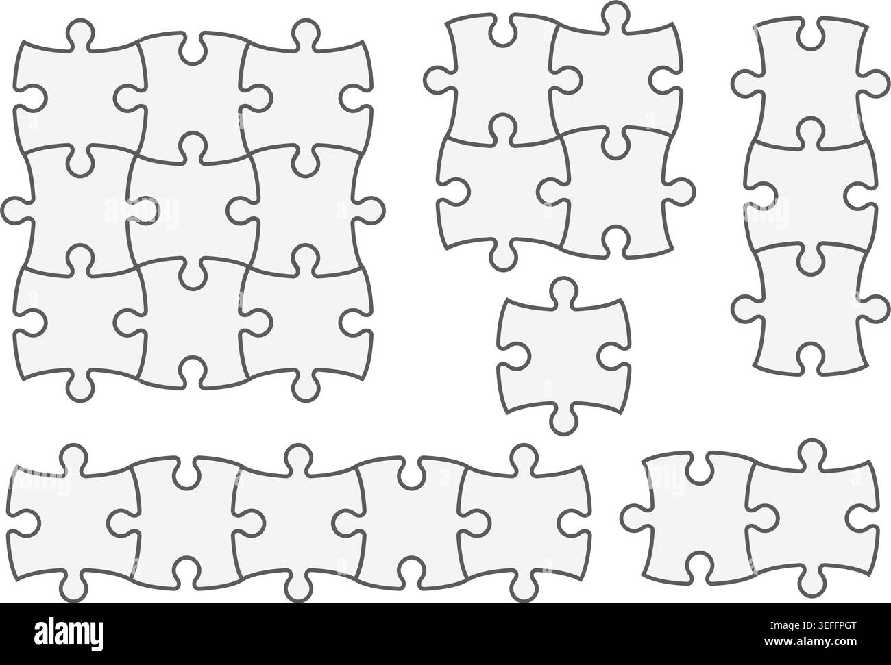 Vektorsymbole für Puzzleteile im Umrissstil. Puzzle-Vorlagen-Rahmen für Business-Infografiken, Lernspiele und moderne Grafikdesign-Konzepte. Stock Vektor