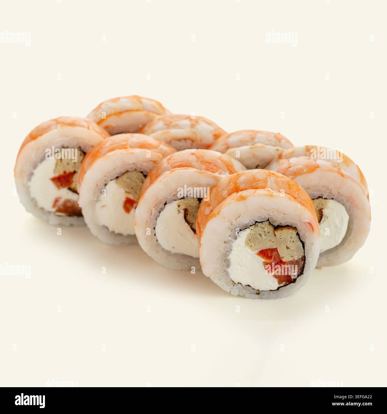 Frische Shrimps und Frischkäse-Sushi-Brötchen Stockfoto