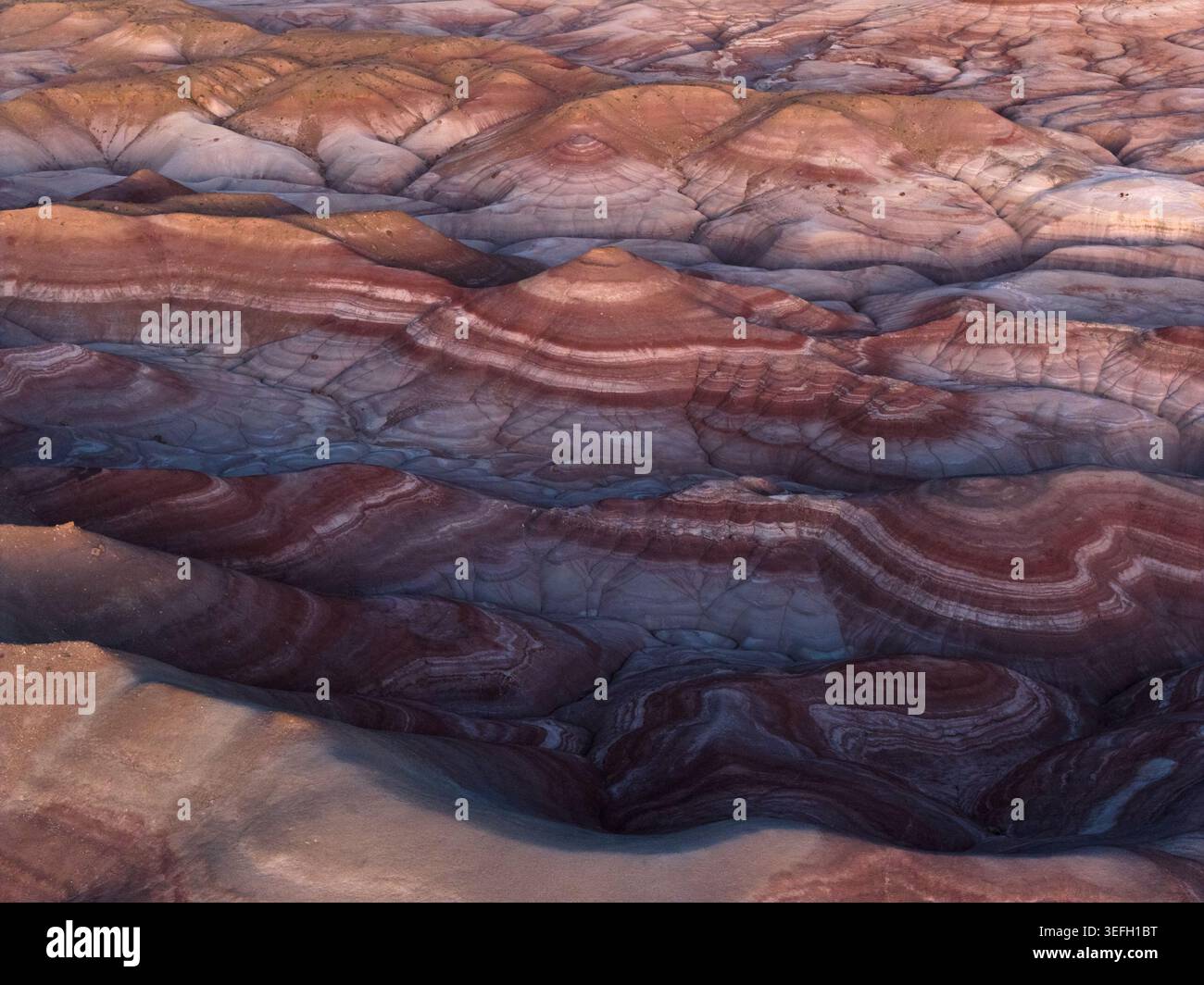 Aus der Vogelperspektive der bunten Bentonithügel mit leuchtenden roten und violetten Sedimentschichten in der Wüstenlandschaft in der Nähe von Hanksville, Utah, USA Stockfoto