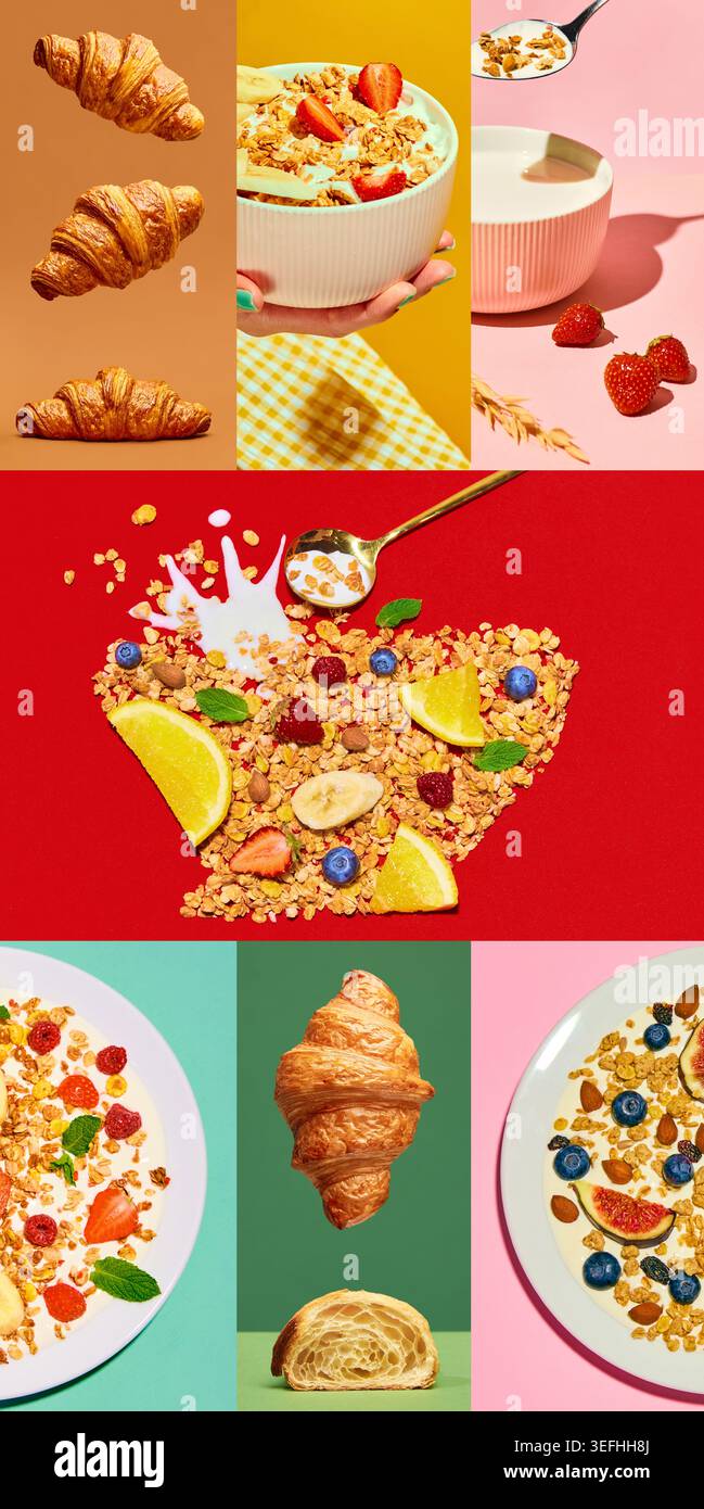 Frühstückscollage mit Croissants, Müsli, Joghurt, Beeren und bunten Paneelen Stockfoto