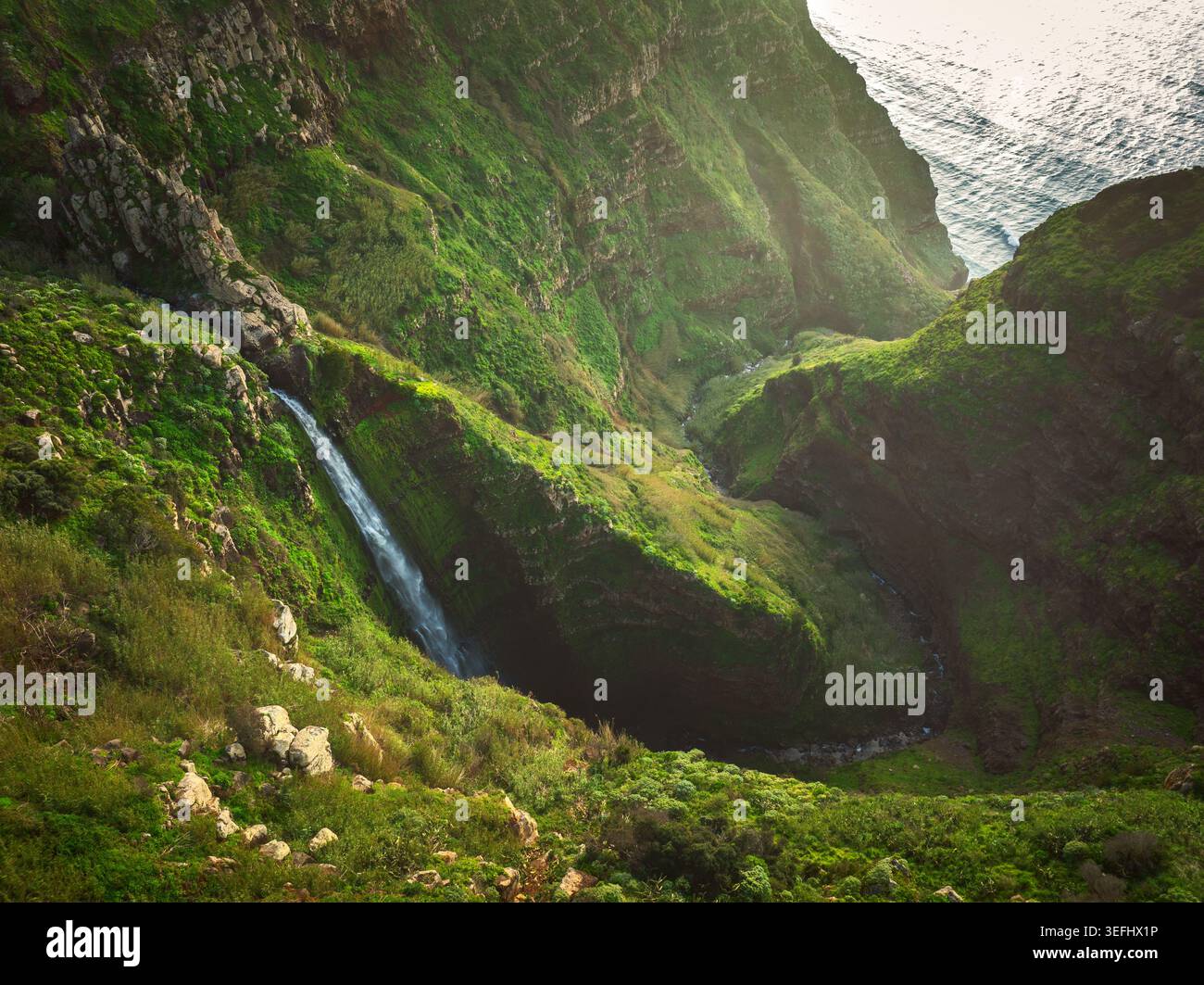 Üppige Küstenklippen von Madeira mit einem versteckten Wasserfall, der in den Abgrund fällt Stockfoto
