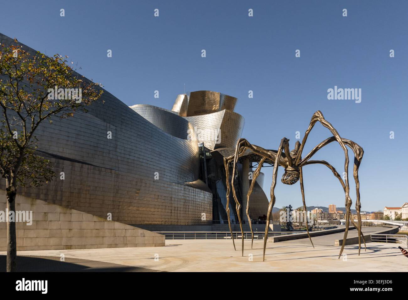 Blick auf das Guggenheim Museum Bilbao mit seinen glänzenden Titanplatten und der legendären Maman Spinnenskulptur unter einem klaren blauen Himmel in Bilbao, Euska Stockfoto
