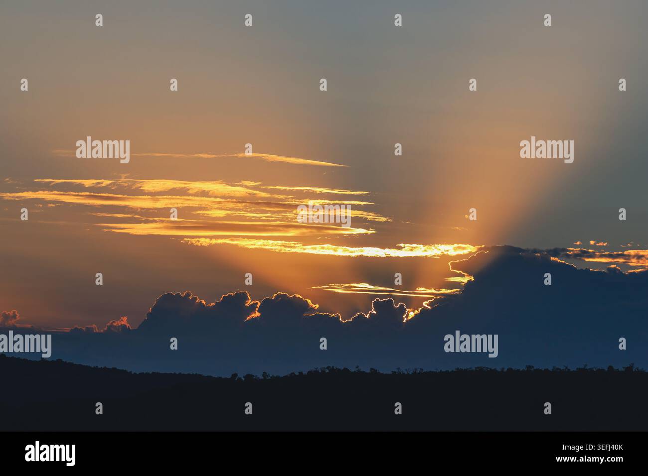 Blick auf goldene Sonnenstrahlen, die durch dunkle Wolken über dem Horizont des Welgevonden Game Reserve in der Gemeinde Waterberg brechen, Stockfoto