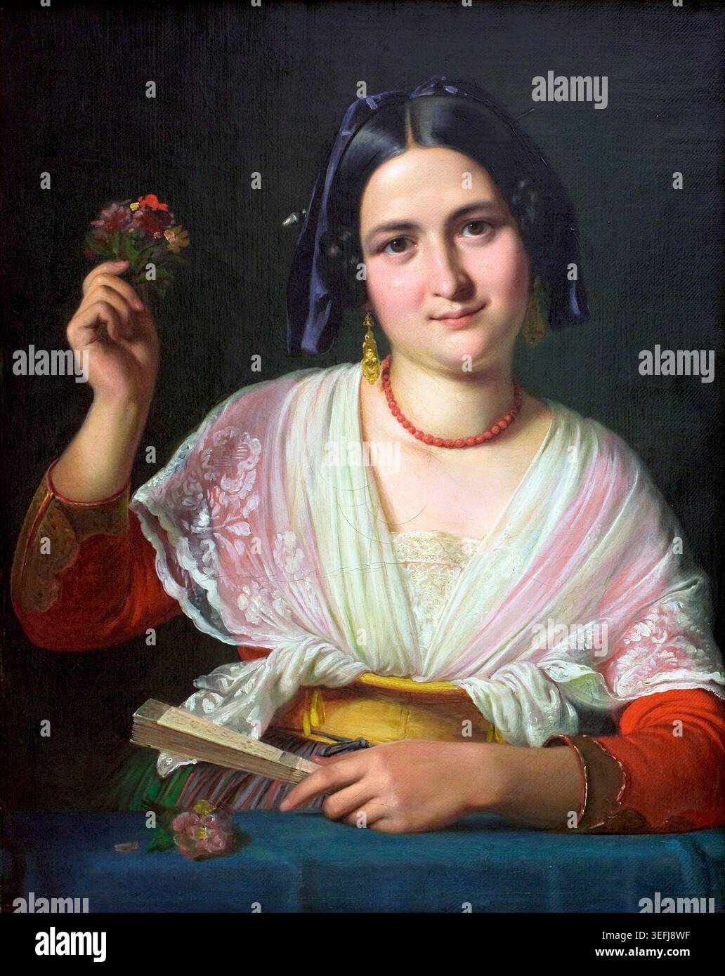Öl auf Leinwand Porträt einer Römerin im Karnevalskleid von Wilhelm Marstrand (1810–1873), um 1840. Er war eine zentrale Figur des dänischen Goldenen Zeitalters, der die lebendige Kultur Roms während seiner Residenz in der Stadt einfängt. Stockfoto